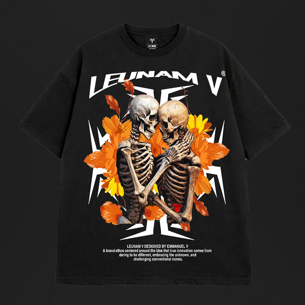 Leunam V Oversized Skeleton Floral Graphic Tee (Black)