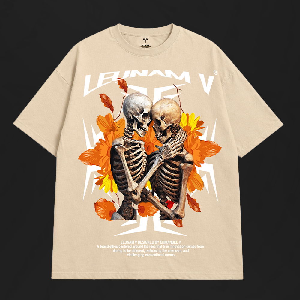 Leunam V Oversized Skeleton Floral Graphic Tee (Beige)