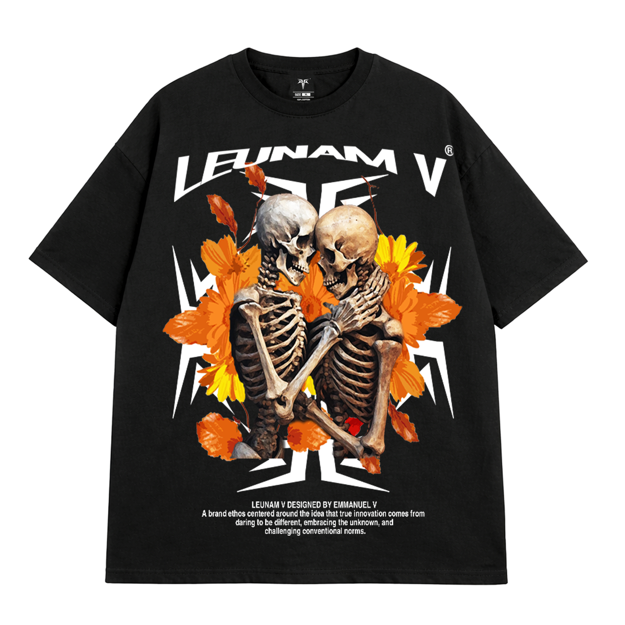 Leunam V Oversized Skeleton Floral Graphic Tee (Black)